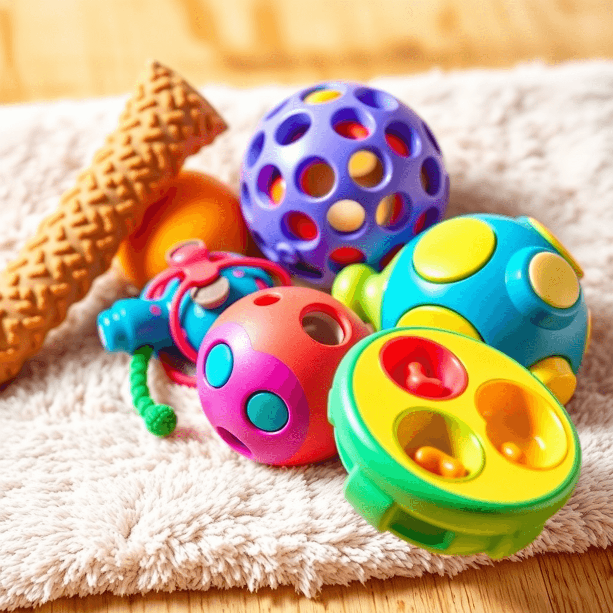 Colorful pet toys including a rubber chew stick, bouncing ball, rolling toy, and puzzle treat toy on a soft surface with a warm, inviting background.