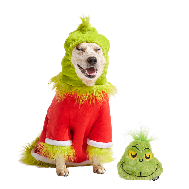 Grouchy Slouchy Grinch Dog Costume & Dog Toy Super Chewer Bundle