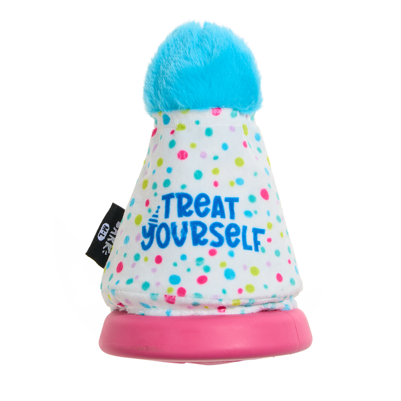 Treat Yourself Party Hat Super Chewer Durable 2-in-1 + Enrichment Dog Toy